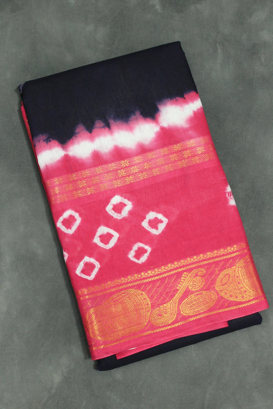 Navy Blue & Pink Sungudi Cotton Bandhani Saree with Golden Zari Border and Instrument Motifs Saree JCS Fashions Navy Blue 5.5 meters