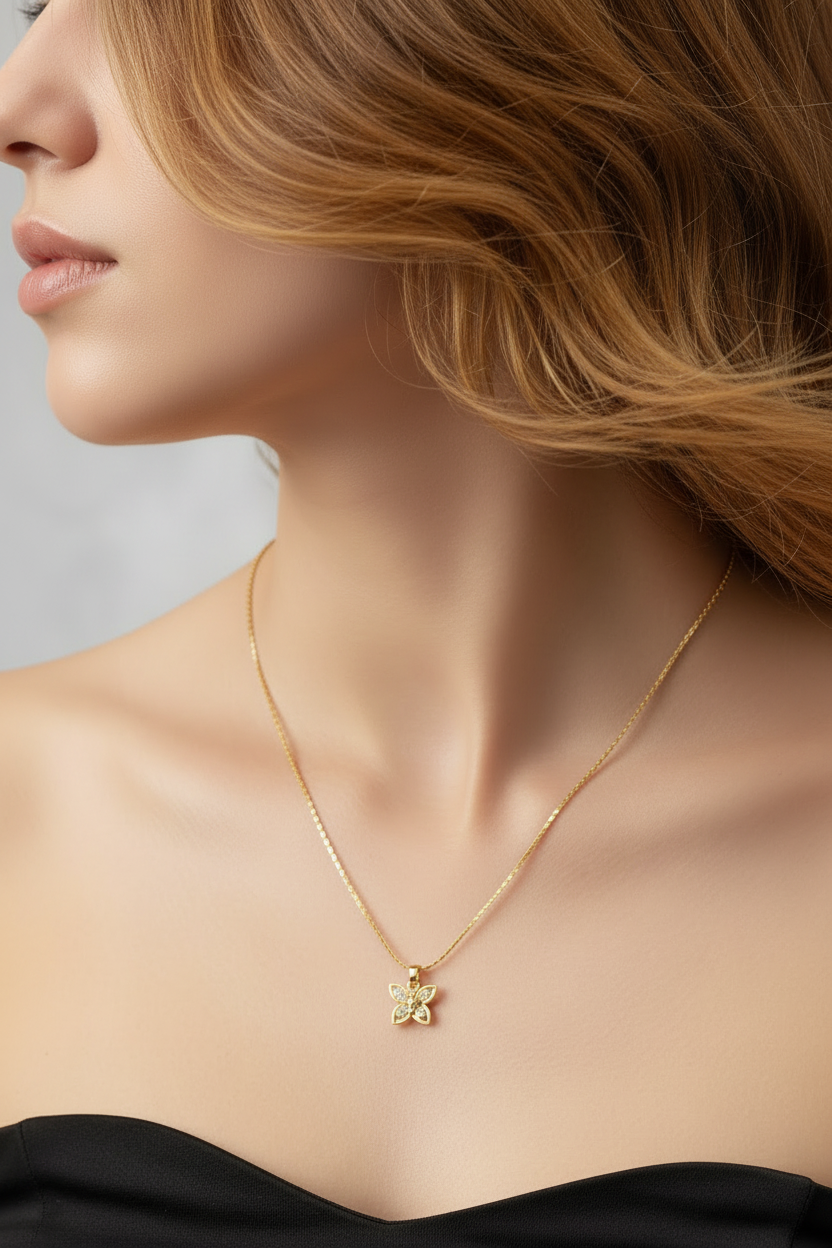 Gold-Tone Butterfly Pendant Necklace, Textured Chain Fashion Jewellery for Women