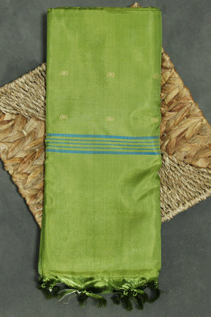 Green Vaazhai Naar (Banana Pith) Borderless Saree with Small Buttas and Blue Pallu