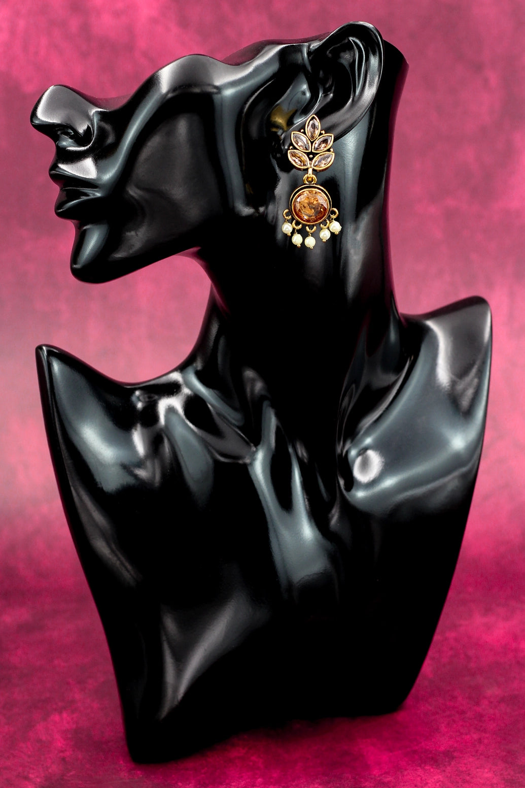 Gold-Tone Leaf Drop Earrings with Pearls, Clear Crystals and Amber Centre Jewelry JCS Fashions Gold 2 inch