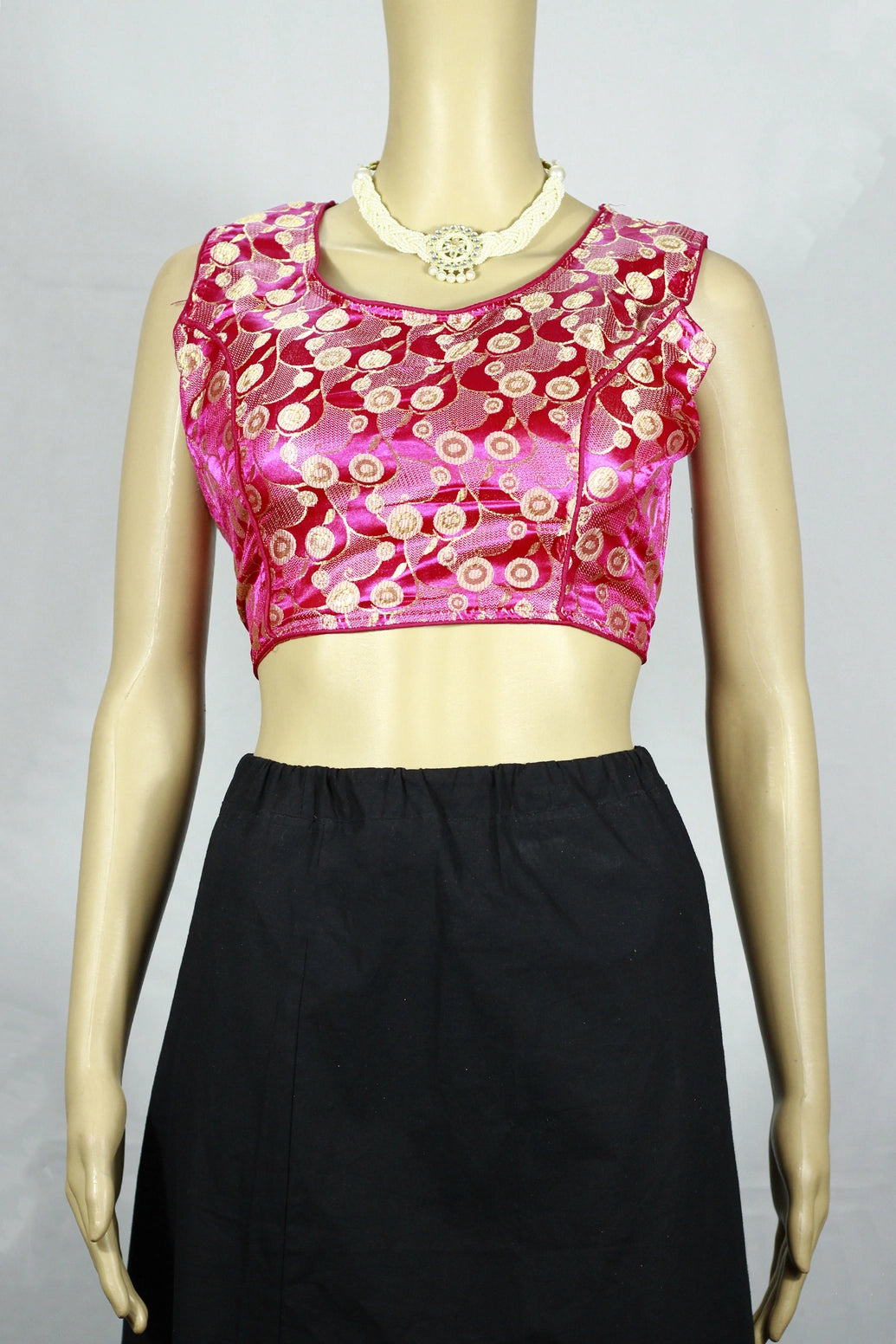 Pink Readymade Designer Padded Blouse with Zari Circular Motifs, Sleeveless, Back Knot, Fully Stitched - Pink