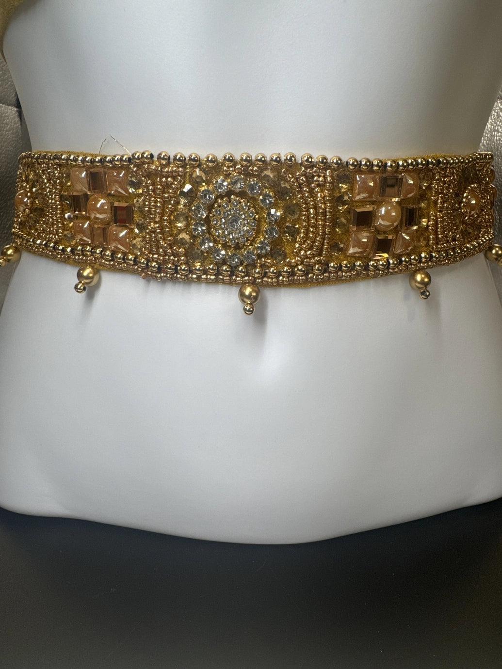 Gold-Tone Embellished Hip Belt with Mirror Accents and Bead Detailing for Sarees and Ethnic Wear Jewelry JCS Fashions Gold 30 - 36 inches