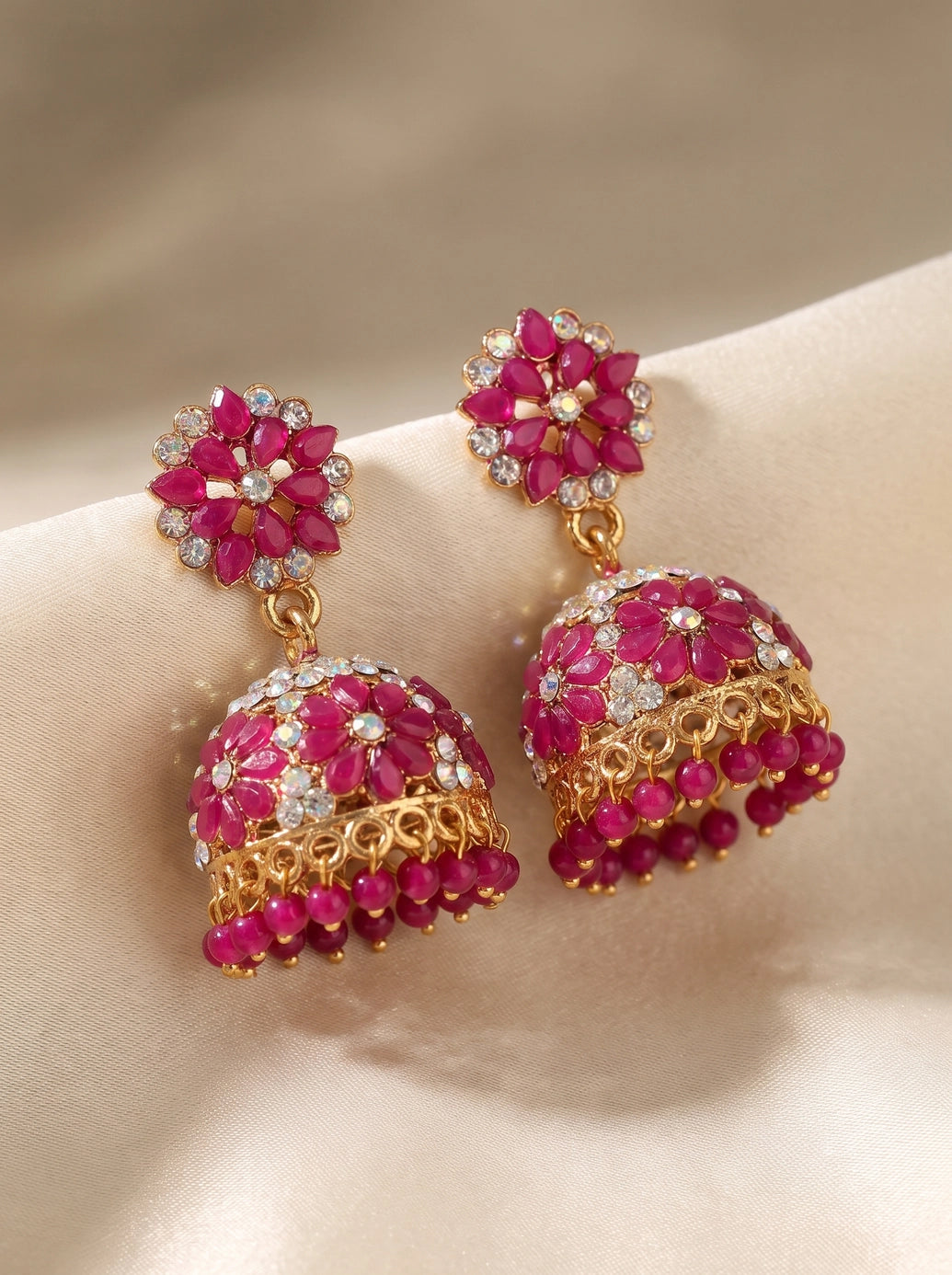 Red & Gold-Tone Floral Jhumka Earrings with Studs and Bead Drops, Traditional Ethnic Fashion Jewellery for Women - Red