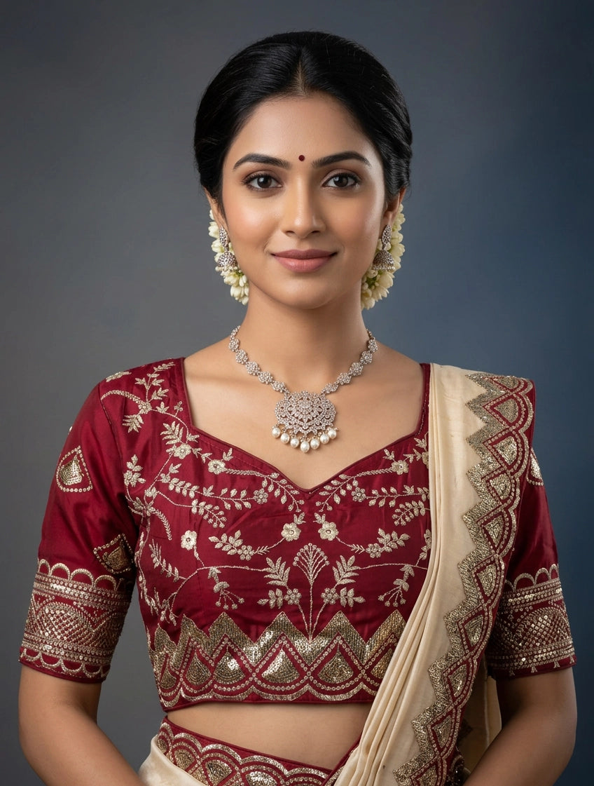 Maroon Readymade Designer Padded Blouse with Embroidery and Sequence Work, Elbow Sleeve, Back Knot - Maroon