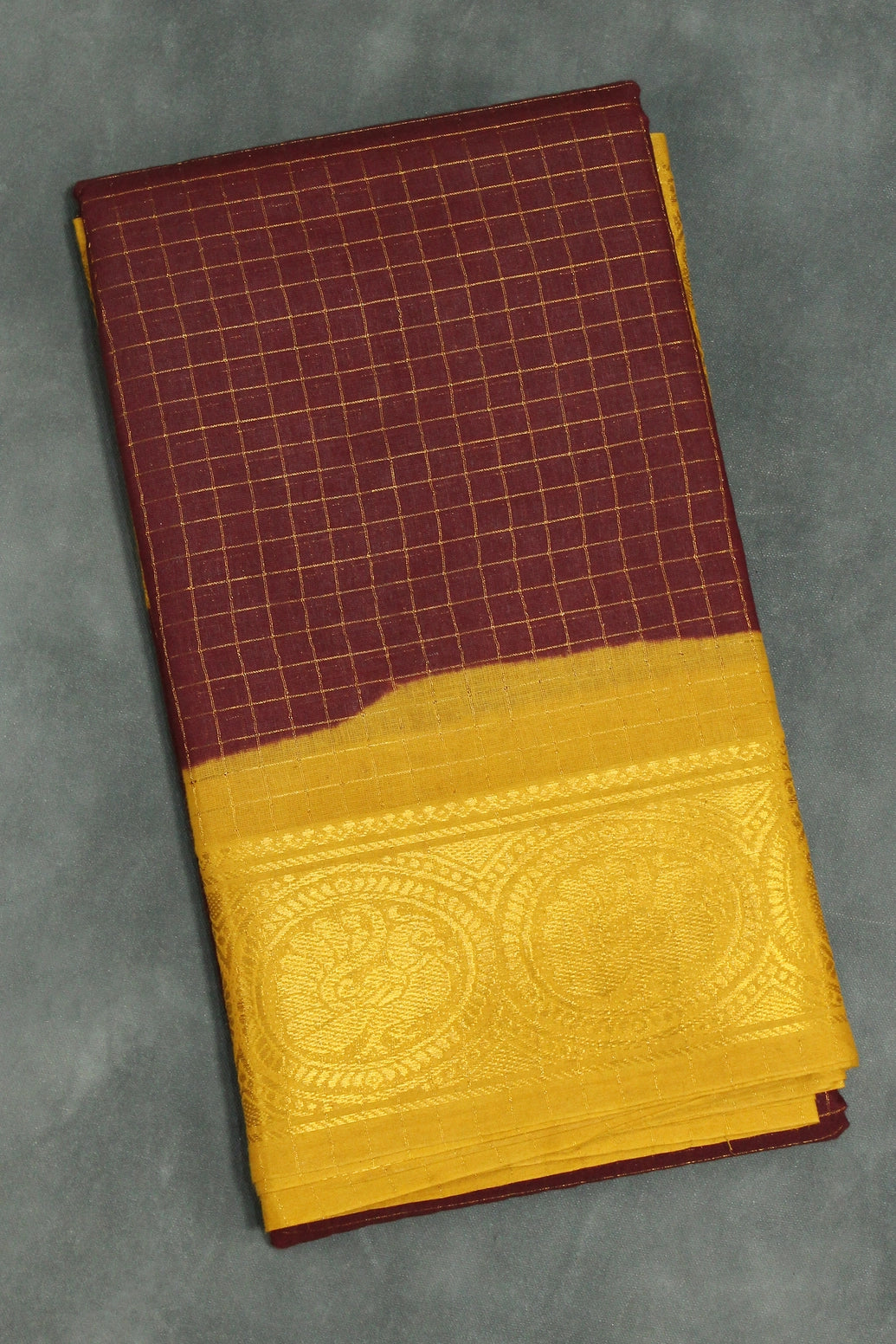 Pure Sungudi Cotton Checked Saree with Peacock Gold Zari Double Border - Brown Saree JCS Fashions Brown 5.5 meters