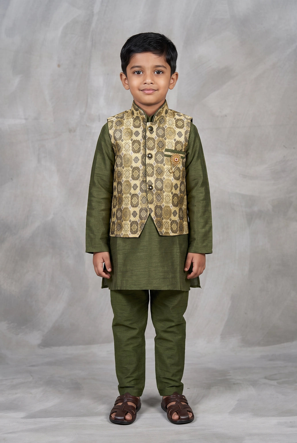 Boys Mehendi Green Koti 3-Piece Kurta Set with Printed Sleeveless Koti and Matching Pants - Mehendi Green