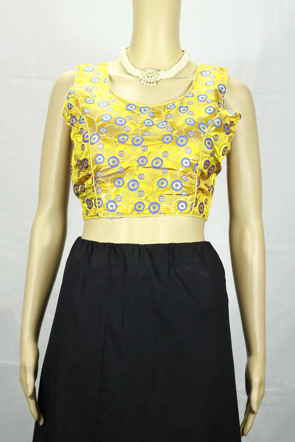 Yellow Designer Padded Blouse with Zari Finish, Circular Motifs, Sleeveless Back Knot, Readymade for Women