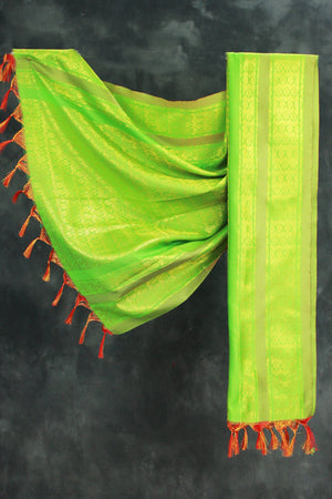 Light Green Ponnadai Poly Silk Jacquard Shawl with Tassels for Temple, Pooja & Functions | Traditional Dupatta