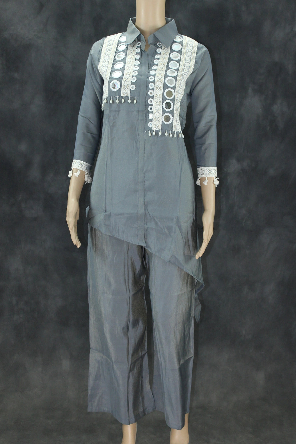 Grey Cotton-Rayon Pakistani Collar Kurti Two-Piece Set with Mirror Work and White Lace Border — Top with Elastic Pants Kurti JCS Fashions