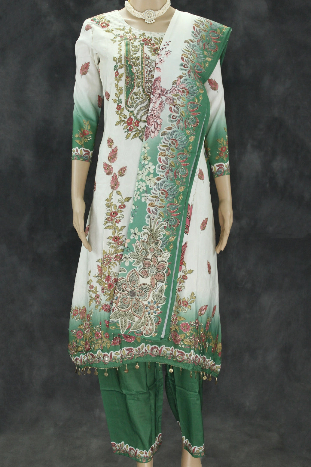 3 piece salwar set. Kurti, Pant with Elastic and shawl. beautiful designer crepe material kurti with stone and mirror work, charming gold c