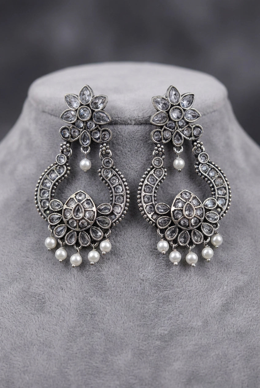 Grey Oxidized Silver-Tone Floral Teardrop Stone Drop Earrings with Pearl Beads, Fashion Jewellery for Women - Grey