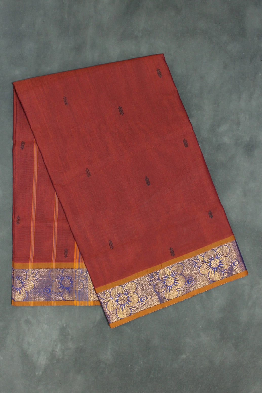 Brown Poly Cotton Butta Saree with Both-Side Zari Floral Border and Striped Pallu Saree JCS Fashions Brown 5.5 meters