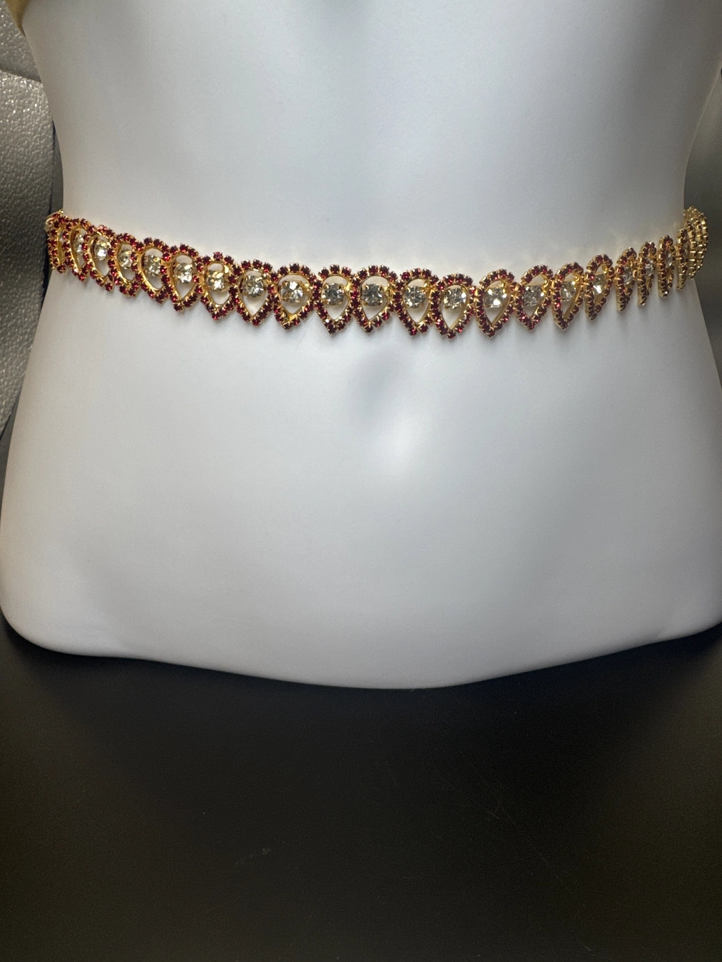 Gold-Tone Maroon Crystal Hip Chain with Clear Stones – Zigzag Teardrop Waist Belt Jewelry JCS Fashions Maroon 28 - 42 inches