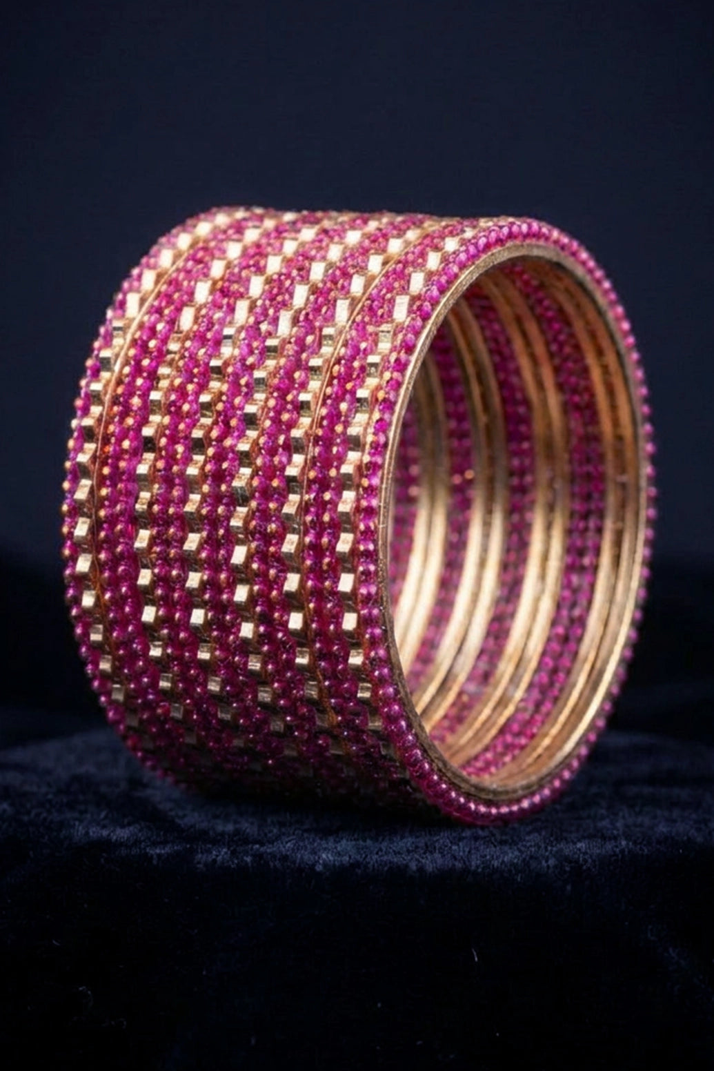 Stone-Studded Metallic Bangle Set with Sparkling Rows for Festive Wear - Neon Orange, Black, Rani Pink