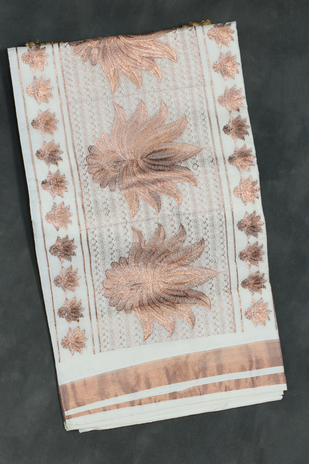 Pure Kerala Cotton Saree with Copper Zari Peacock & Leaf Embroidery, White - White