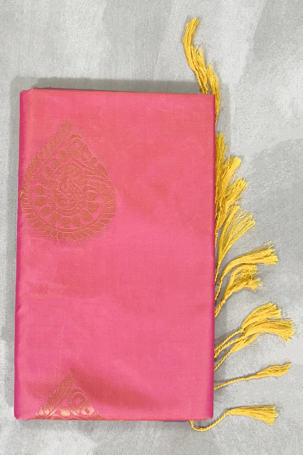 Rani Pink Soft Silk Saree with Contrast Border and Gold Zari Buttas, Traditional Floral Zari Border - Rani Pink