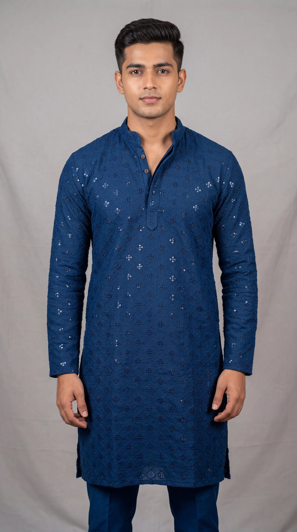Men's Teal Blue Lakhnavi Kurta with Embroidered Look, Traditional Band Collar Kurta Style - Teal Blue