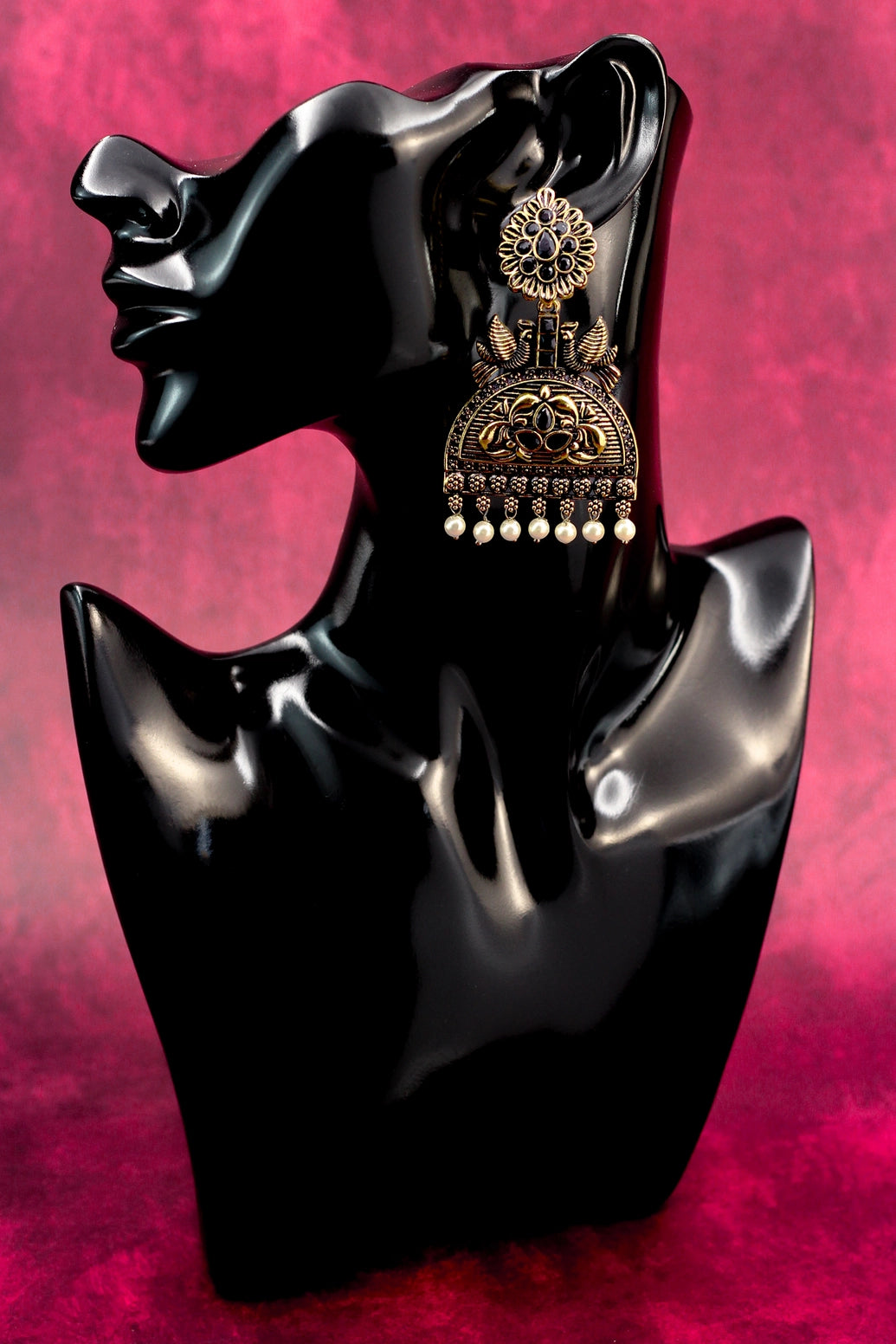 3-inch Antique Gold-Tone Black Stone Jhumka Earrings with Pearl Drops - Traditional Indian Fashion Jewellery Jewelry JCS Fashions