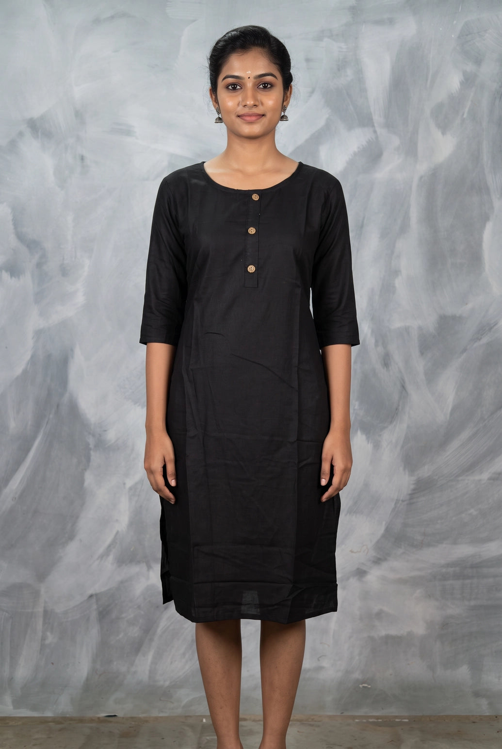 Black Two-Tone Printed Kurti with Round Neck, 3/4 Sleeves & Front Button Detailing - Black