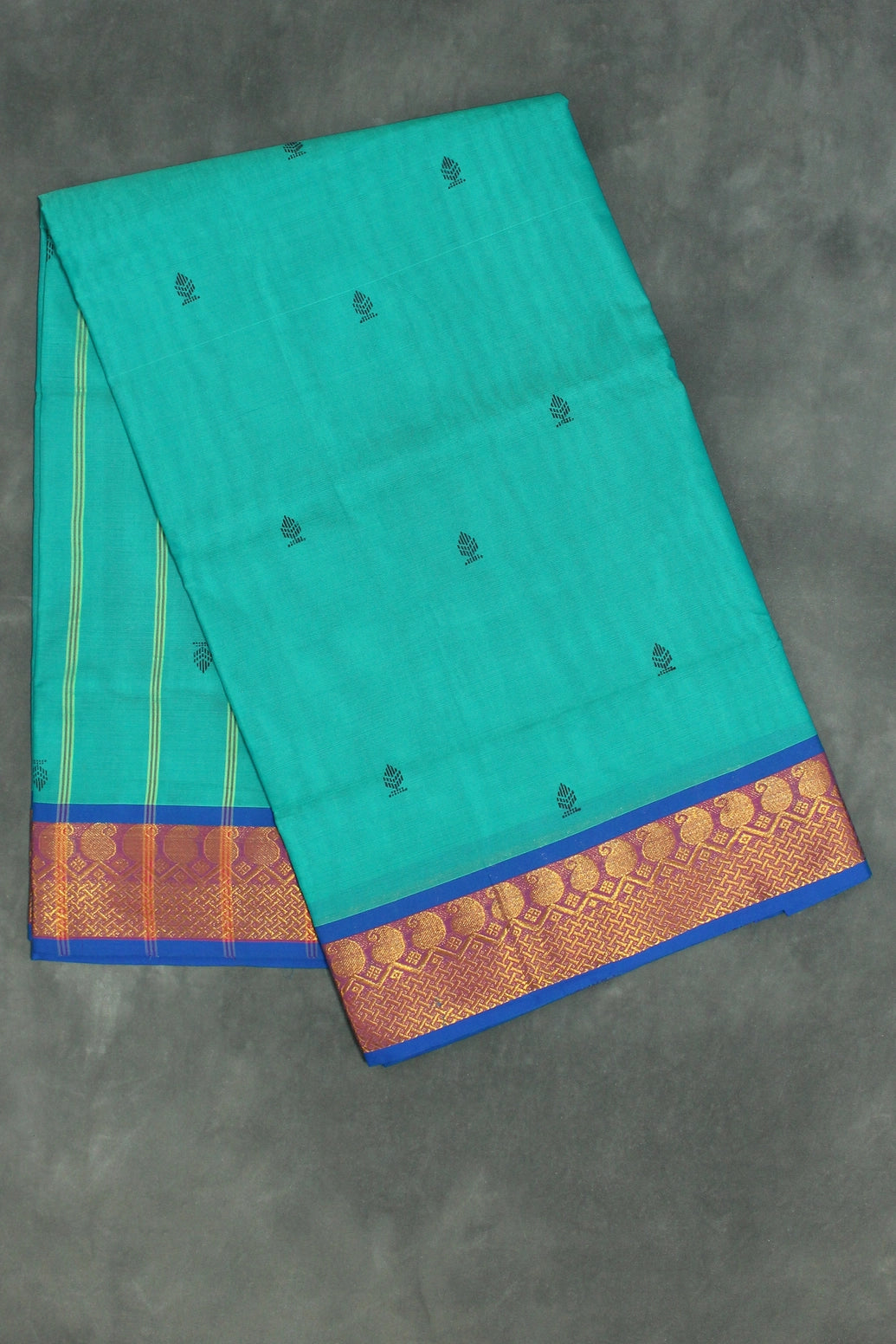 Teal Green Poly Cotton Saree with Gold-Tone Zari Border, Butta Motifs and Line Pallu - Traditional Indian Saree Saree JCS Fashions Teal Green 5.5 meters