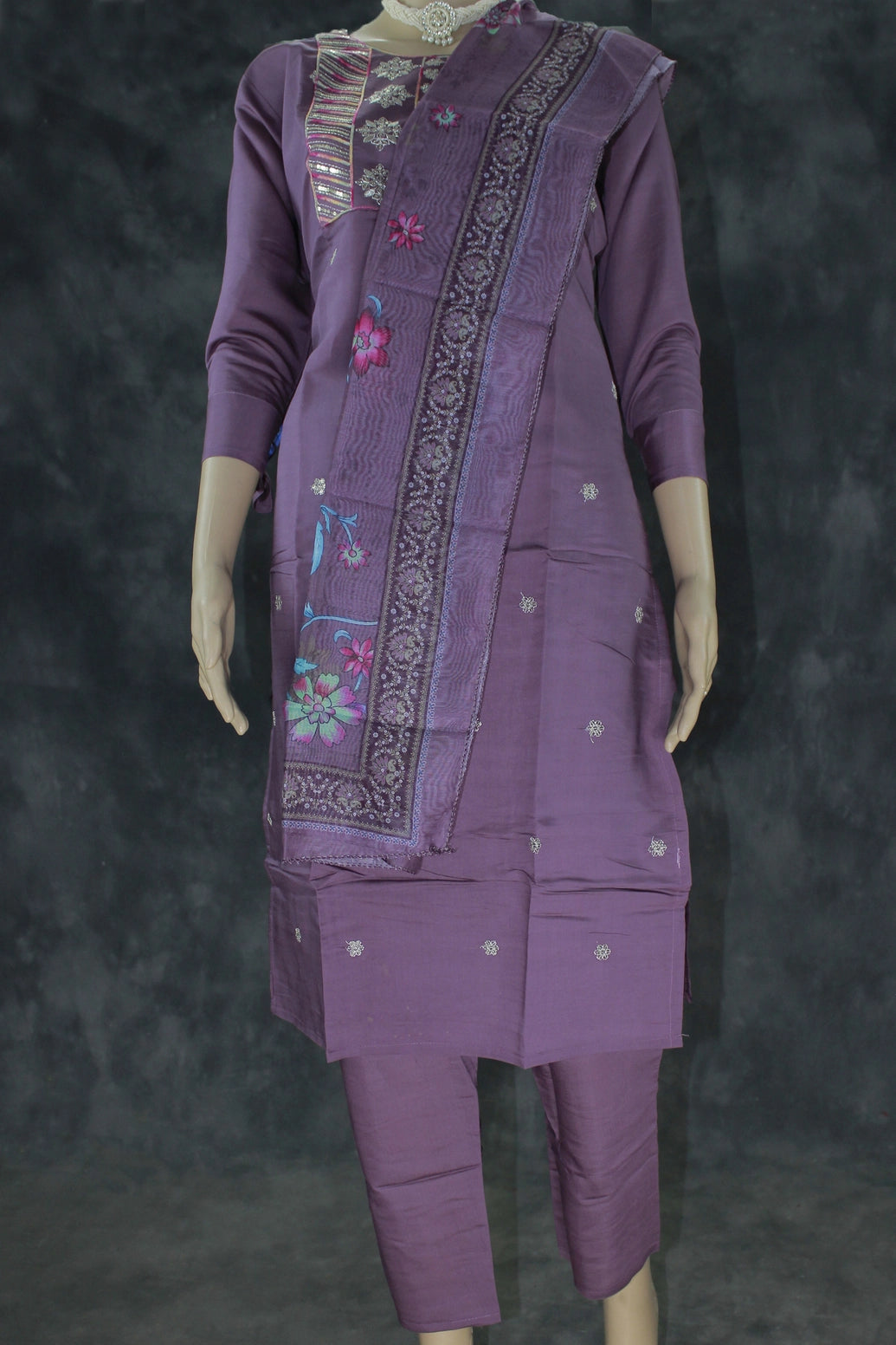 Purple Roman Silk 3-Piece Embroidered Kurti Set with Bead Handwork, Elastic Pants & Digital Dupatta Kurti JCS Fashions Purple Large (40)