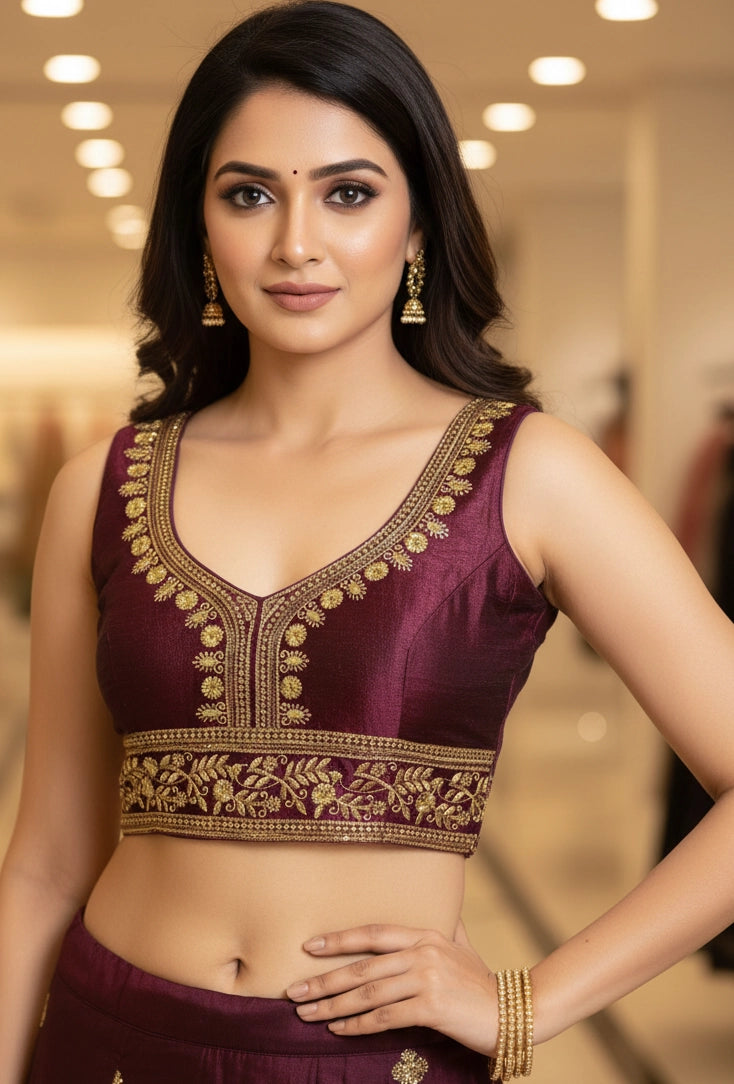 Purple Ready-Made Designer Padded Sleeveless Blouse with Heavy Gold Tone Embroidery and Sequin Work - Purple