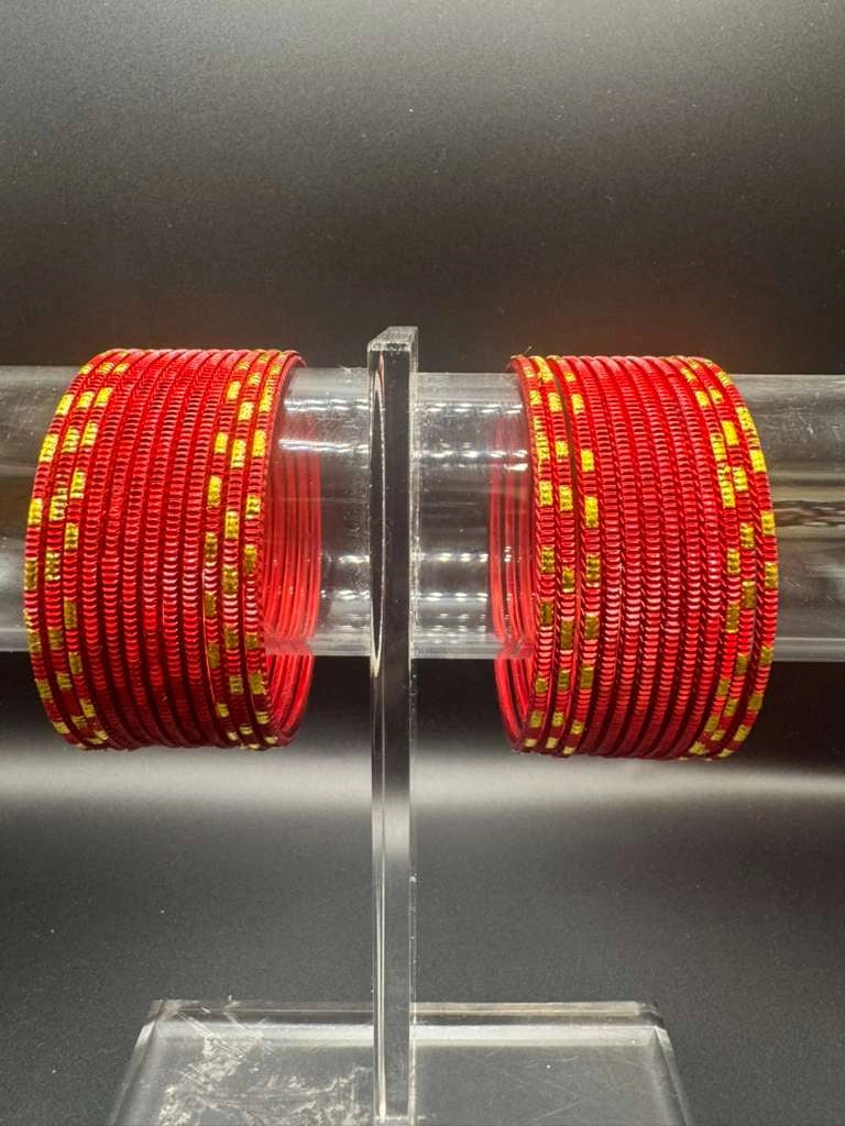 Kids Red Metal Bangles Set of 24 with Gold-Tone Detailing for Girls - Red