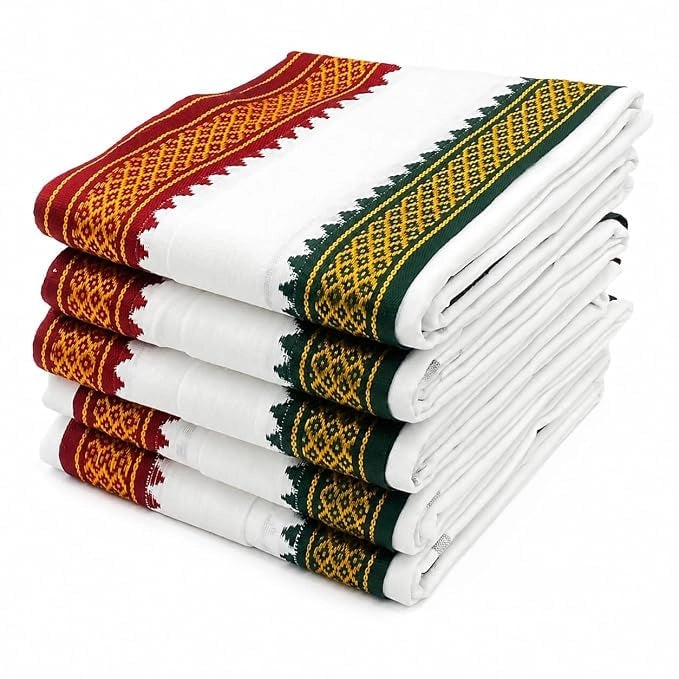 Men White Soft Cotton Ganga Jamuna Angavastram (Shoulder Towel) with Contrast Border for Traditional Wear - White