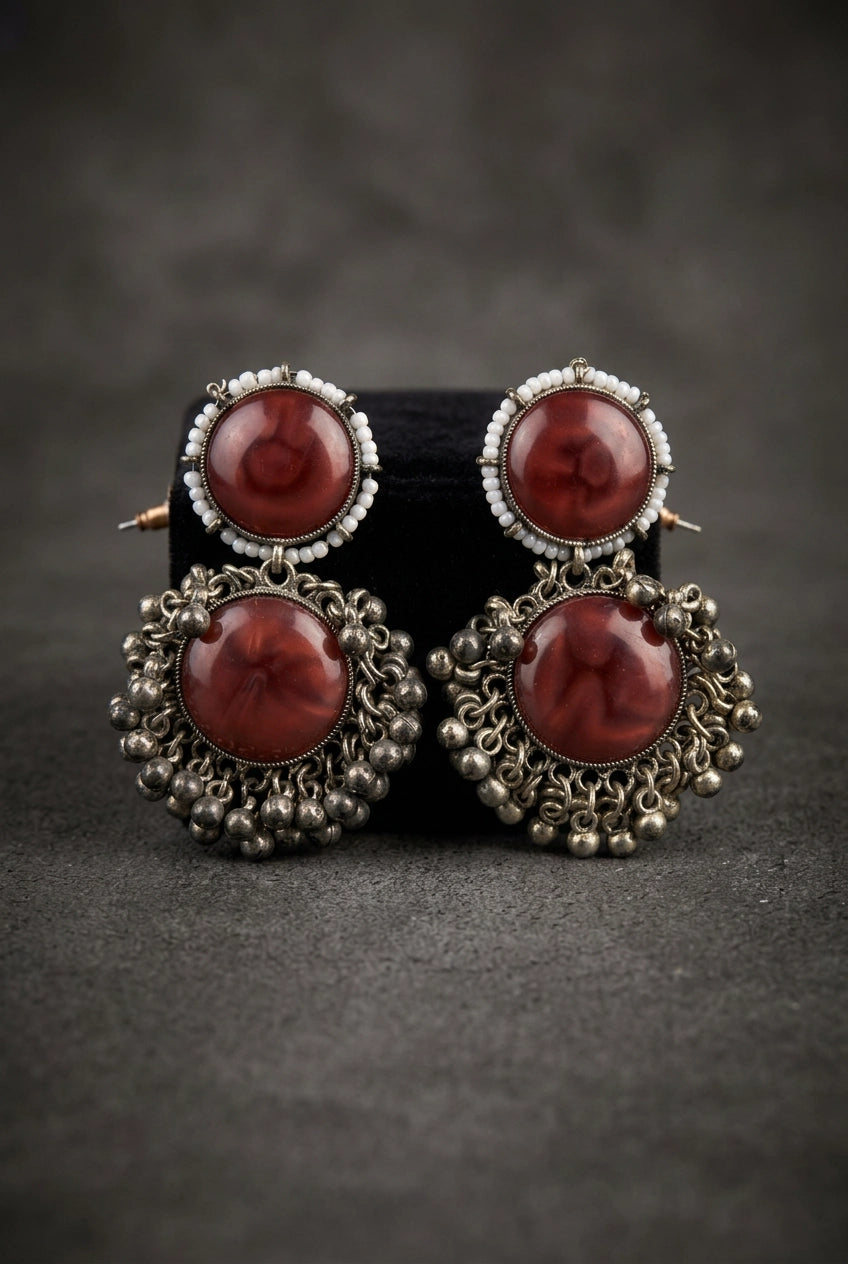 Antique Silver-Tone Drop Earrings with Round Stone Cabochons & Beaded Dangles