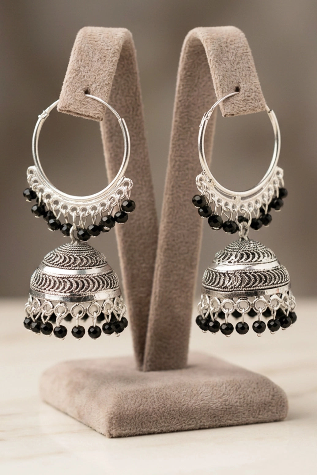 Black Silver Oxidized Jhumka Hoop Earrings with Black Beads, Bali Style Round Hoop for Traditional Wear - Black silver