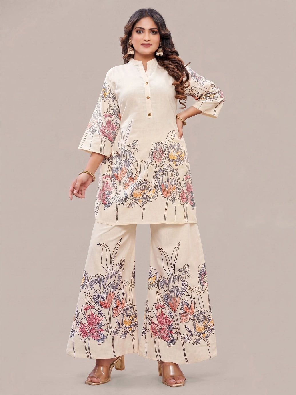 Khadi Reyon 2 pcs Co-ord set. Top and pant with Elastic. Side Pocket available in pant, Mandarin collar kurti, Floral printed and embroidere - Cream