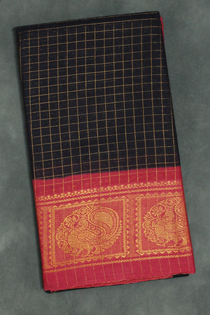 Dark Brown Sungudi Cotton Saree with Red Peacock Gold Zari Double Border, Checked Design