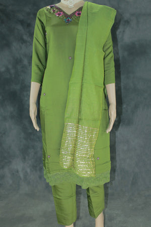 Mehendi Green Rayon Silk 3-Piece Kurti Set with Lined Elastic Pant & Zari Cotton Dupatta