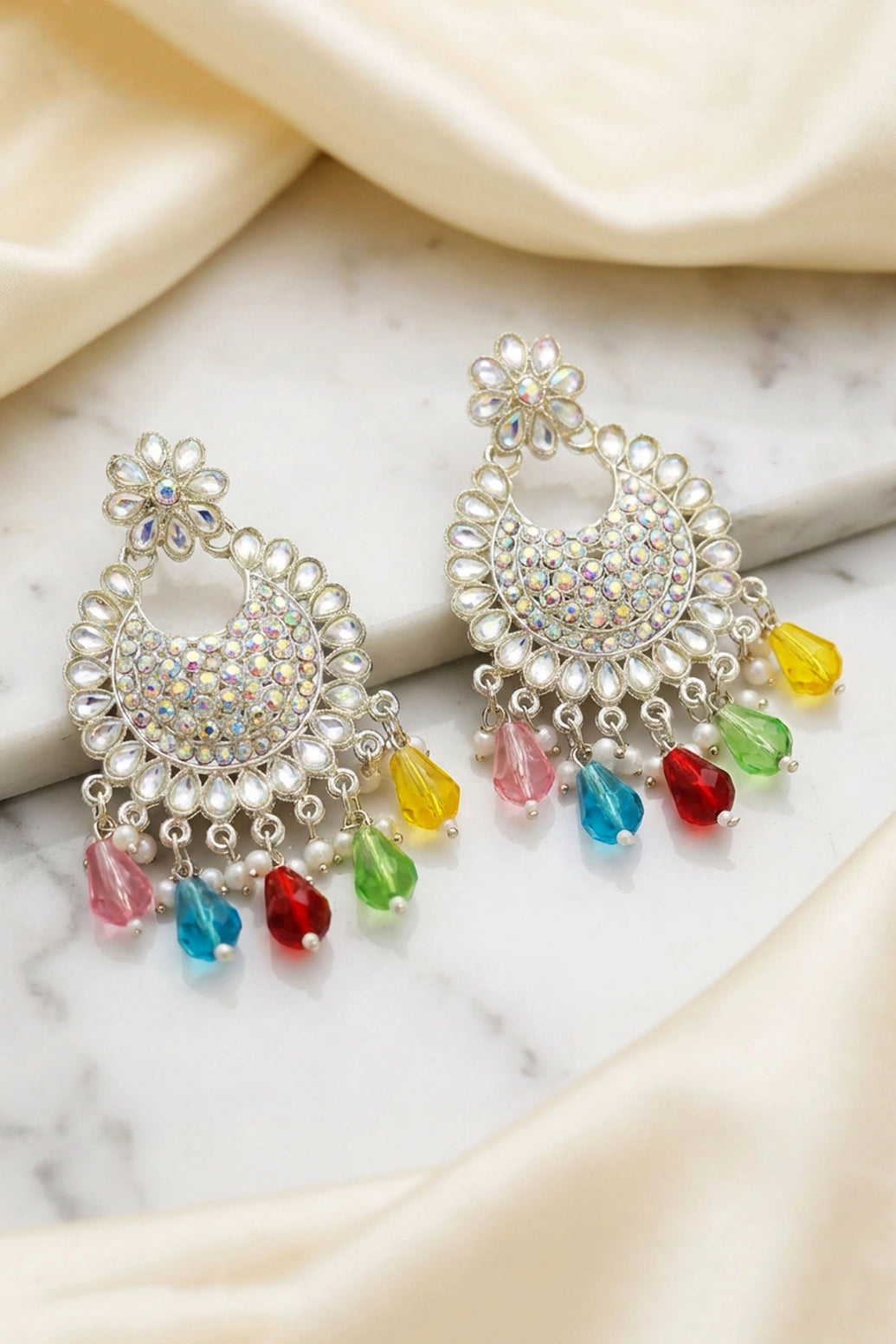 Multicolor Stone Floral Stud Dangler Hoop Earrings, Silver-Tone Fashion Jewellery for Women - Multi color