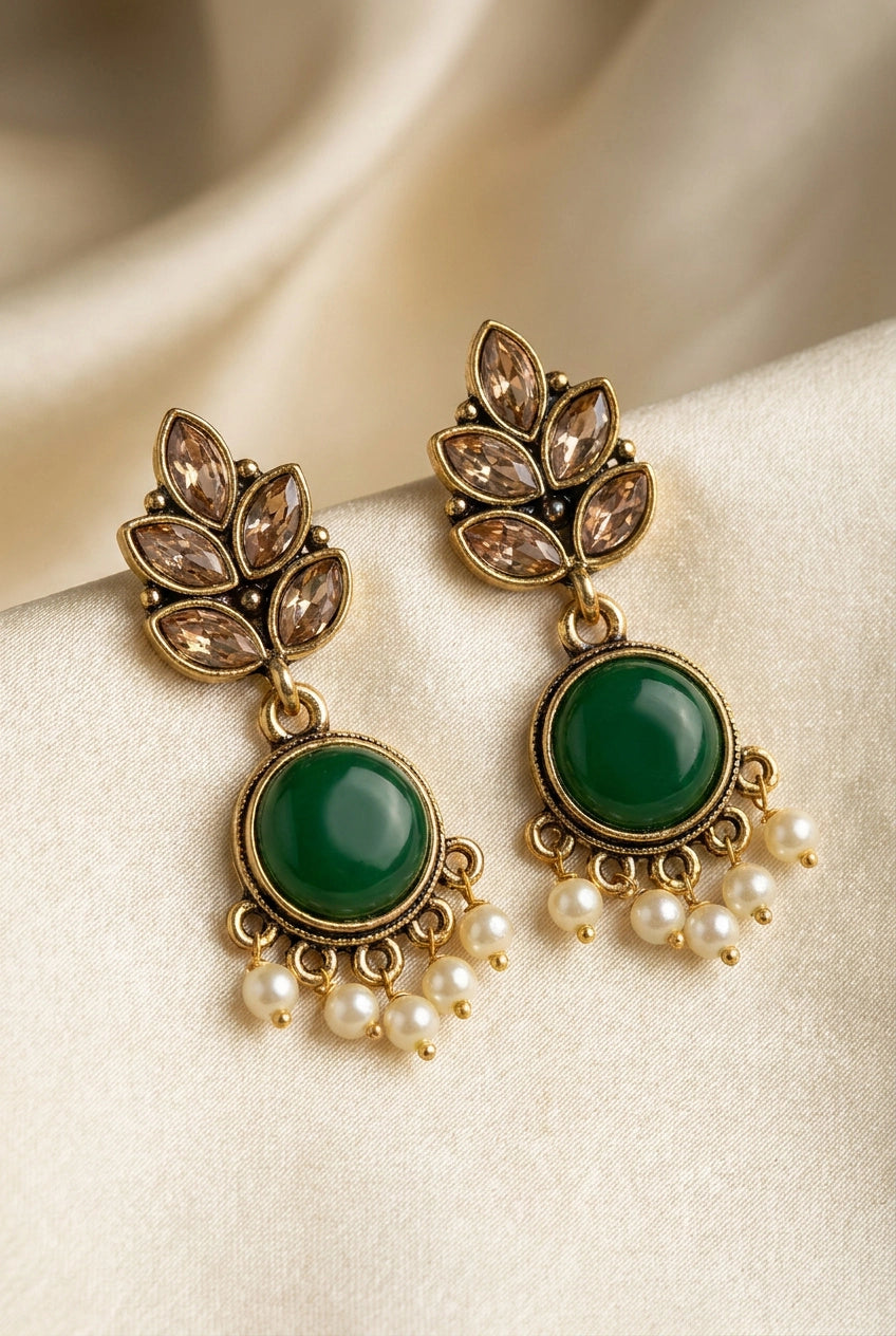 Green Leaf Drop Pearl Earrings, Gold-Tone Antique Finish Crystal Stones & Pearl Dangles, 2 inch - Green