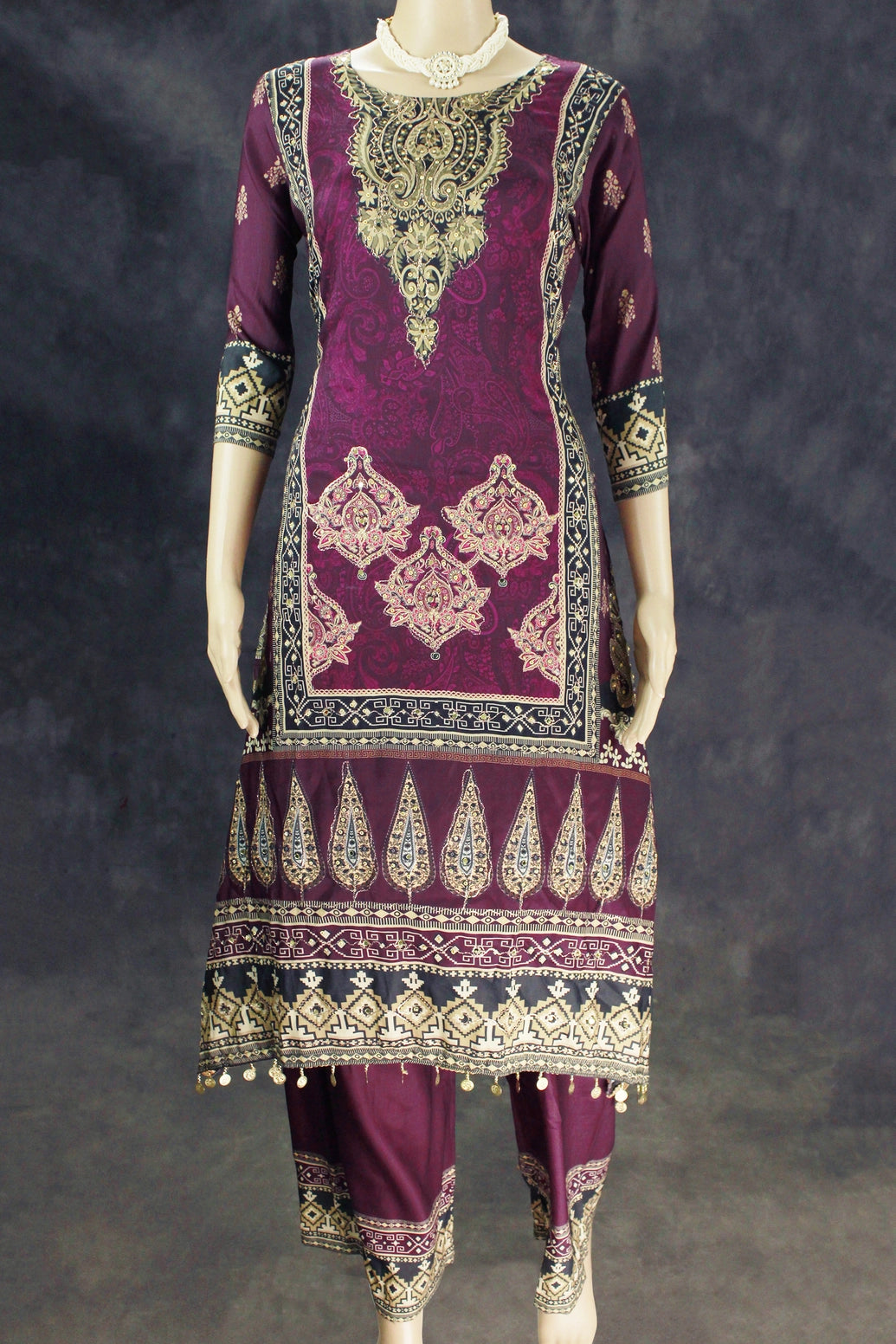 Purple Designer Crepe 3-Piece Salwar Set with Stone & Mirror Embroidery and Gold Coin Hangings
