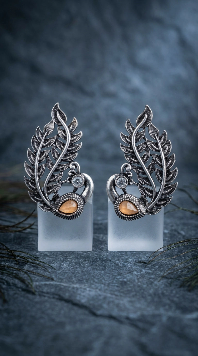 Oxidized Gold-Tone Peacock Ear Cuff Earrings with Teardrop Amber Stone for Traditional Wear - Gold