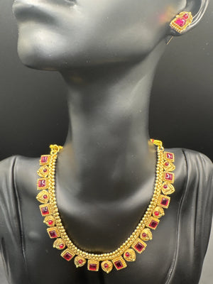 Gold-Tone Pink Stone Traditional Necklace Set with Matching Earrings - Lightweight Ethnic Neckset