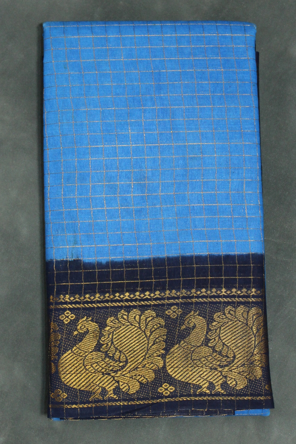 Blue Sungudi Cotton Checked Saree with Peacock Gold Zari Double Border, Unstitched Blouse Saree JCS Fashions Blue 5.5 meters