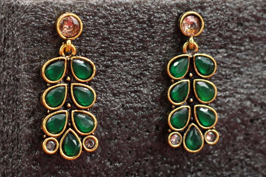 Antique Gold-Tone Green Teardrop Leaf Earrings — Traditional Ethnic Festive Fashion Jewellery Jewelry JCS Fashions Green 1.6 inch