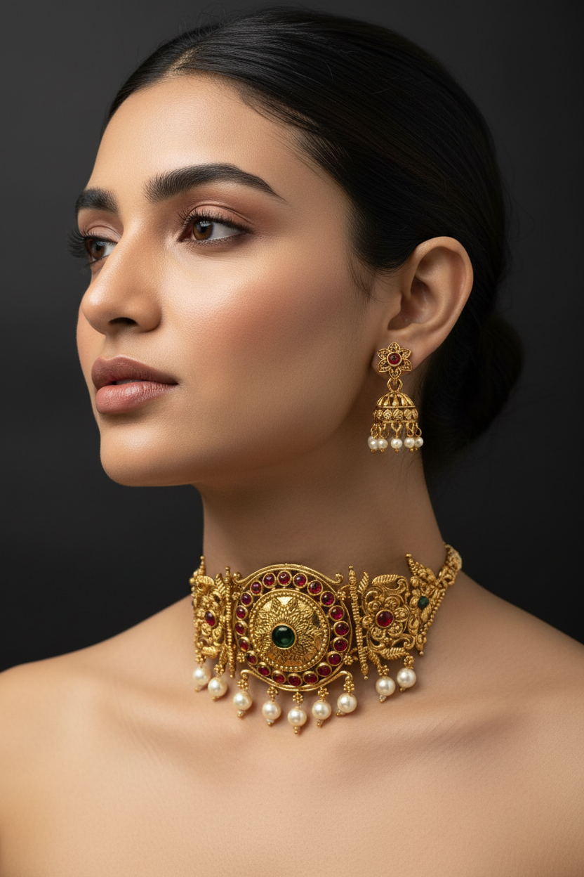 Gold-Tone Temple Choker Necklace Set with Red & Green Stones and Pearl Drops