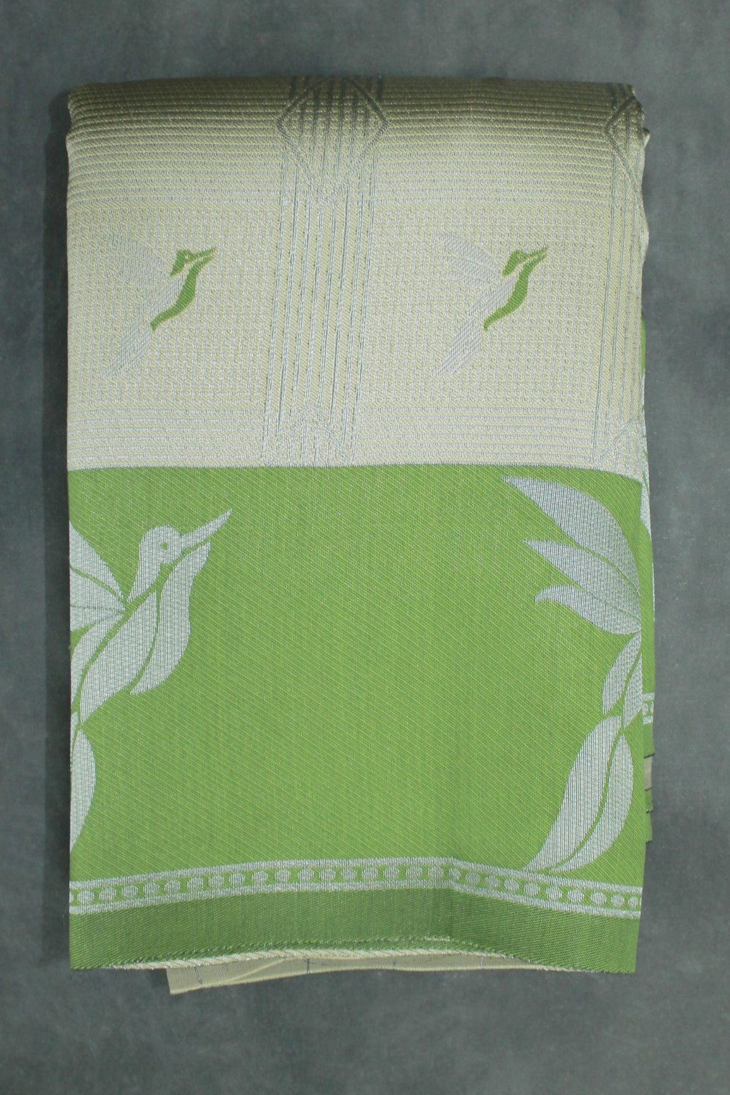 Beige & Green Kubera Silk Pattu Saree with Zari Border and Bird Design Blouse - Beige & Green