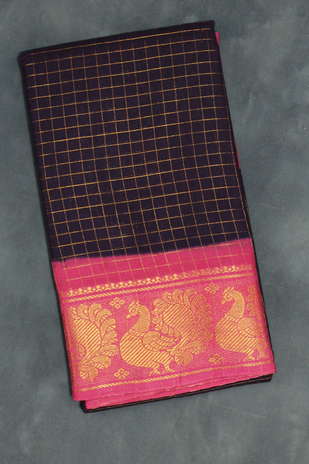 Dark Purple Sungudi Cotton Saree with Pink Peacock Gold Zari Double Border Saree JCS Fashions Dark Purple 5.5 meters