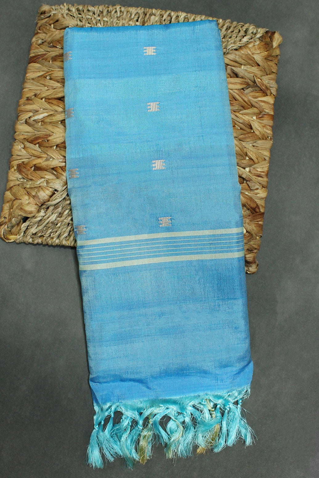 Sea Blue Vaazhai Naar (Banana Pith) Borderless Saree with Small Butta - from Aruppukottai - Sea Blue