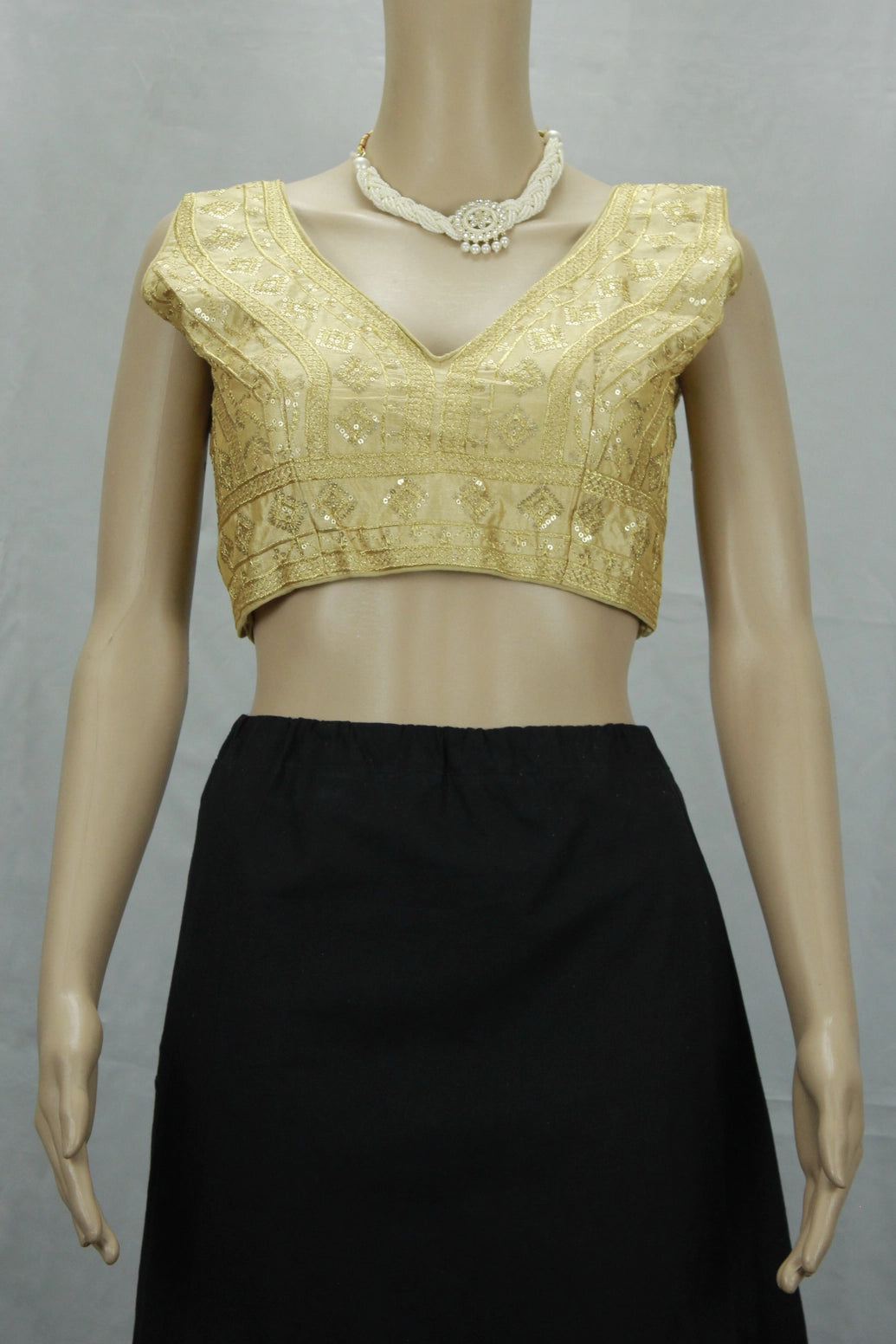 Sandal Gold-Tone Embroidered Padded Ready-to-Wear Blouse with Sequin Work and Back Knot - Sandal