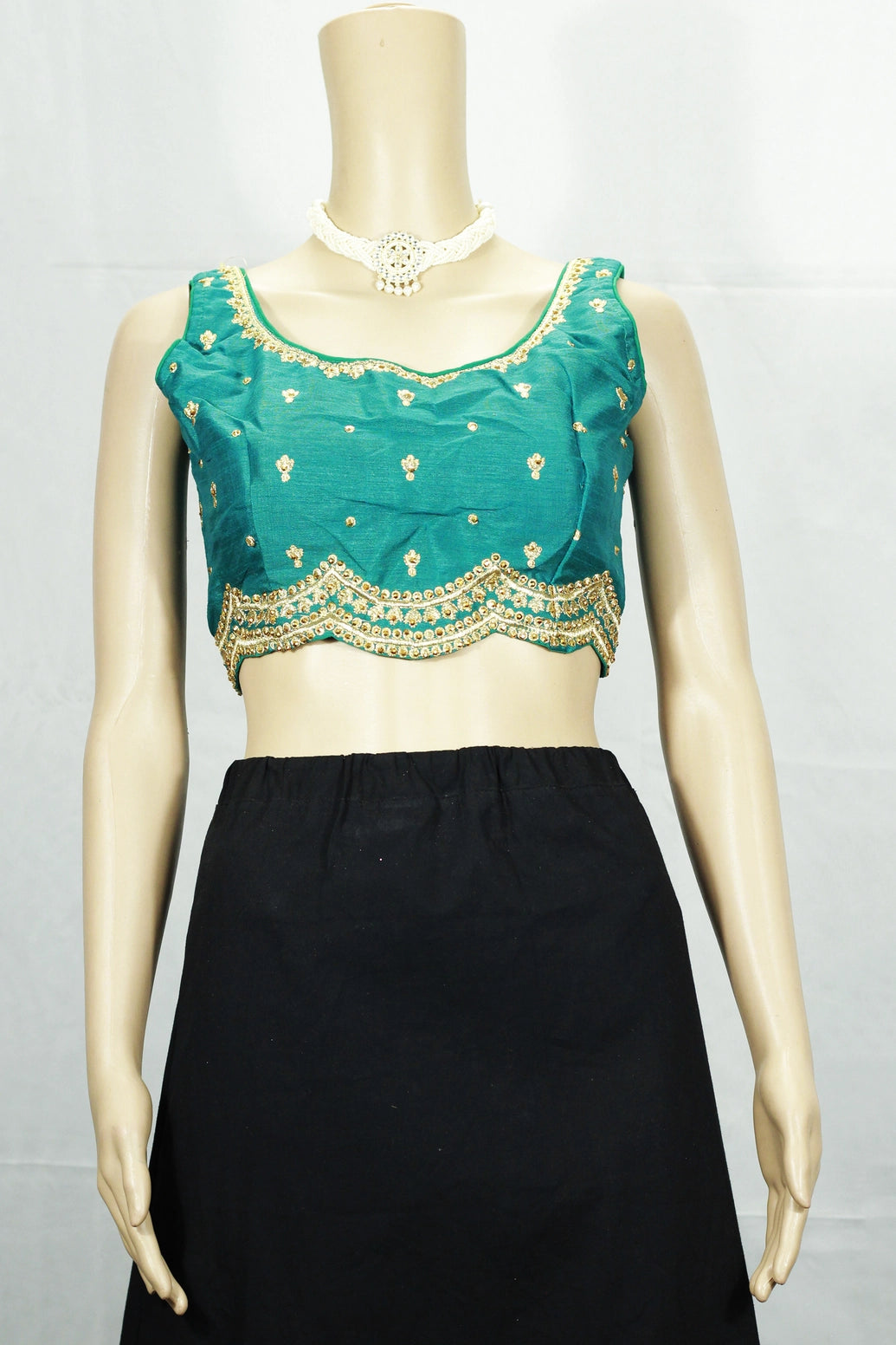 Teal Blue Sequin Floral Padded Sleeveless Readymade Designer Blouse with Back Knot, Fully Stitched - Teal Blue