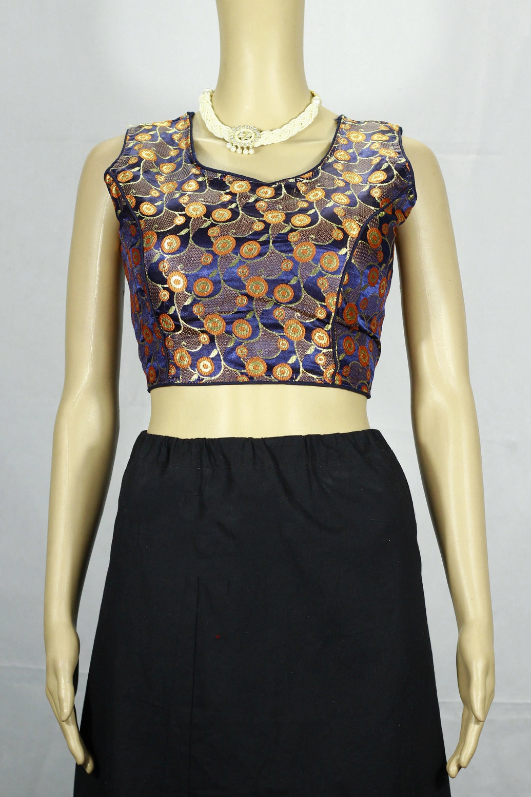 Navy Blue Designer Padded Blouse with Zari Woven Motifs, Sleeveless Back Knot, Ready-to-Wear - Navy blue