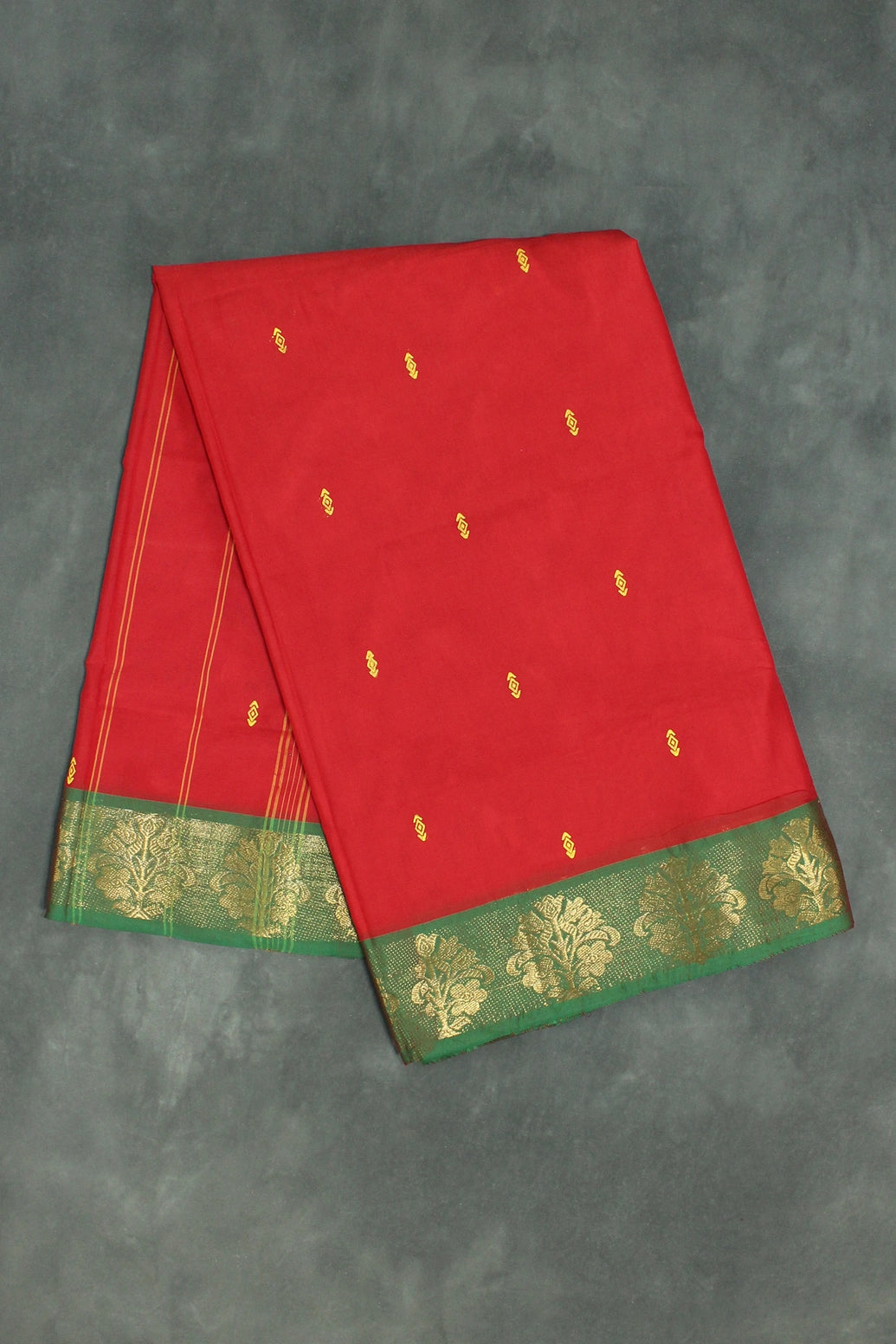 Red Poly Cotton Saree with Green Zari Floral Border and Gold Butta Motifs Saree JCS Fashions Red 5.5 meters