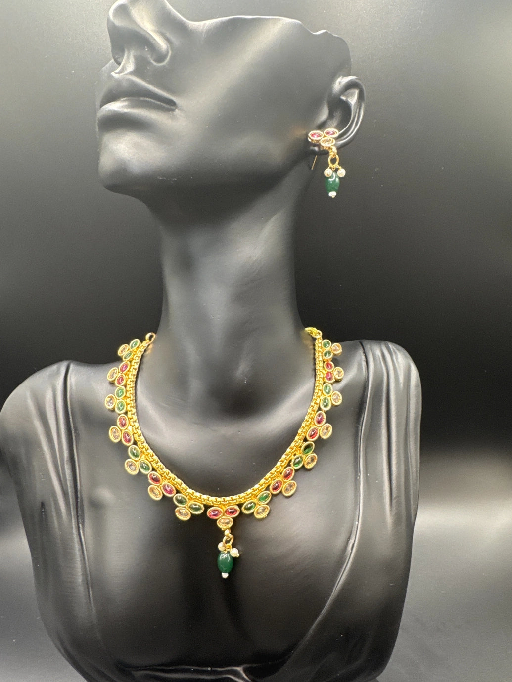 Traditional Gold-Tone Red & Green Stone Indian Necklace Set with Matching Earrings for Weddings & Festivals Jewelry JCS Fashions Red & Green 4 inch