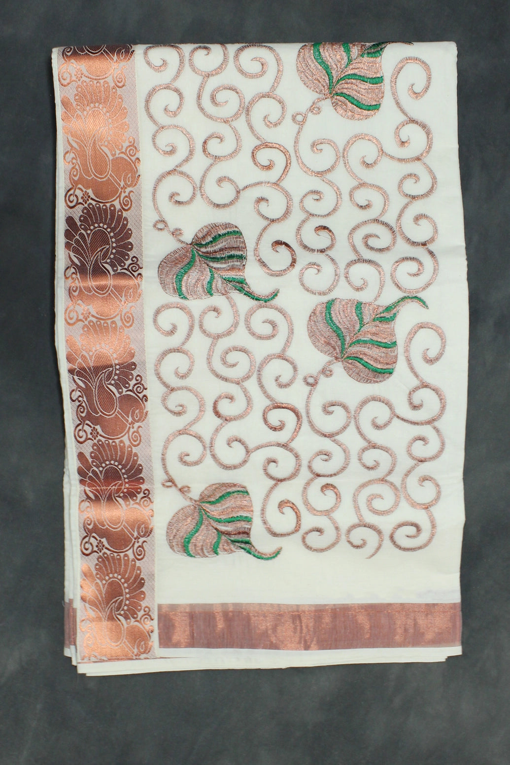 Pure Kerala Cotton White Saree with Copper Zari Peacock Pallu - White